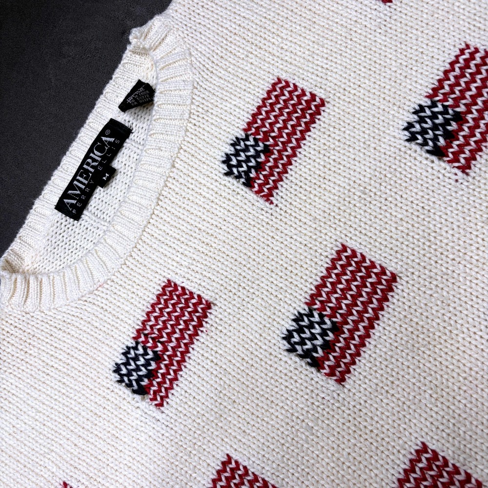 Vtg 90s America Perry Ellis Sweater Womens M Cream American Flag Knit Ribbed 80s